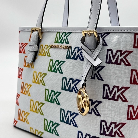 Michael Kors Jet Set Travel Extra-Small Top Zip Tote Bag Rainbow Optic White - Picture 5 of 11